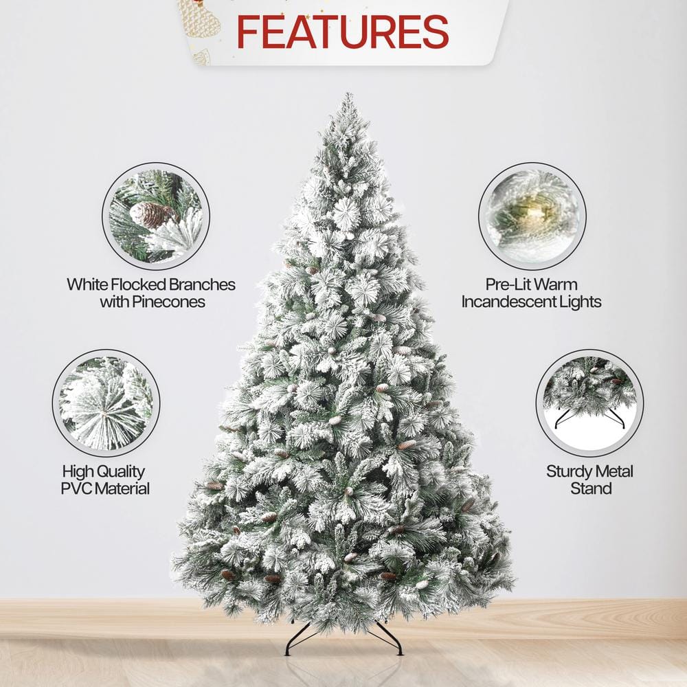 HOMESTOCK 6.5ft. Frosted Snow Flocked Prelit Artificial Christmas Tree ...