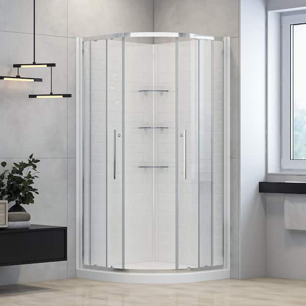 Dreamwerks Monaco 38 in. L x 38 in. W x 75 in. H Round Corner Shower Stall/Kit with Base, Walls and Drain in Chrome