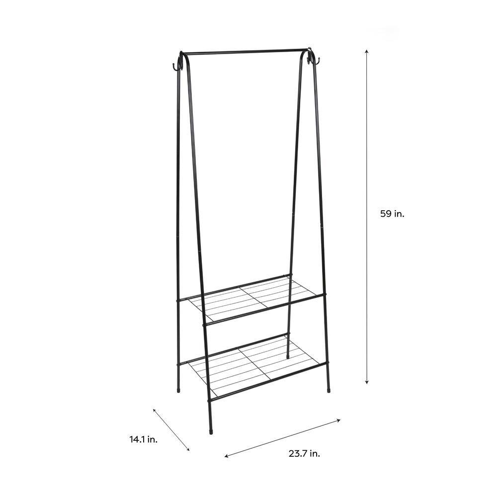 Black Metal Freestanding Clothing Rack with Shelves and Hooks