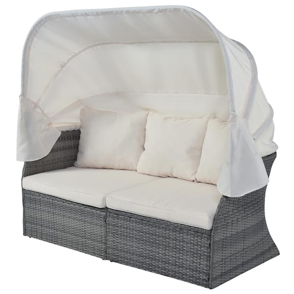HOTEBIKE Gray 6-Piece Wicker Outdoor Daybed Sunbed with Retractable Canopy Conversation Set Furniture and Beige Cushion