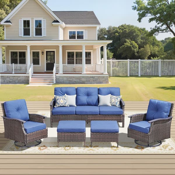 5-Piece Wicker Patio Conversation Set with Blue Cushions, a 3-Seat Sofa, 2 Swivel Chairs, 2 Ottomans