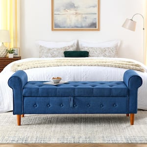Blue 62 in. Tufted Button Bedroom Bench with Rolled Arm Linen Upholstered Storage Ottoman with Wood Legs