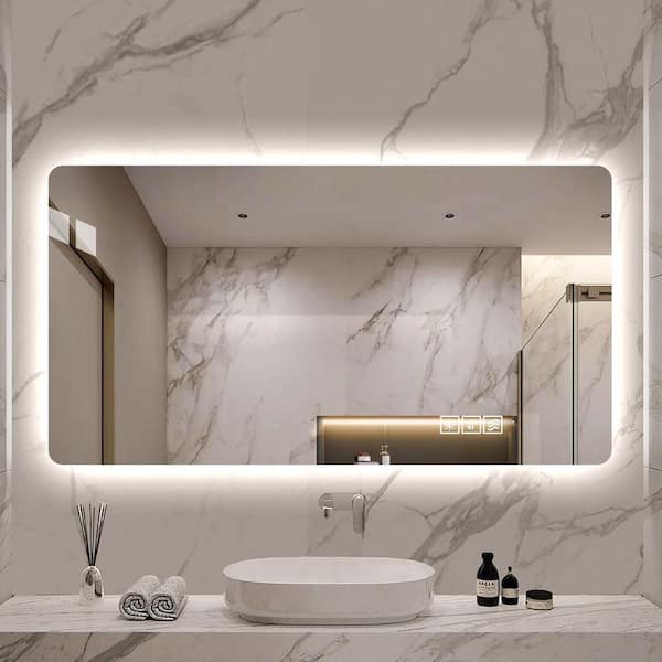48 in. W x 24 in. H Wall Mounted LED Makeup Mirror, Three Color Lighting+Dimming+Anti Fog+Touch Switch