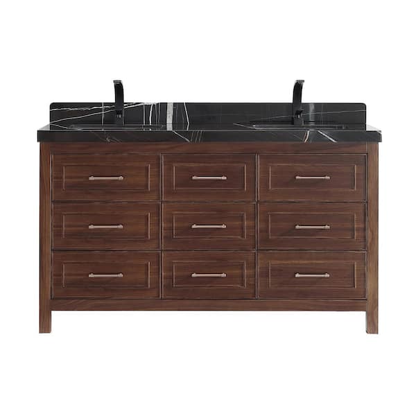 Luxury Ebony Series 60 in. 1 Freestanding Dark Brown Finish Bath Vanity with 2 in. Black Natural Marble Top Assembled