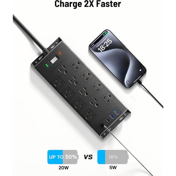 Unbranded - 10' Flat Plug Surge Protector Power Strip Heavy Duty Round Extension Cord, 12-Outlets, 2-USB C and a Port PD20W Charging