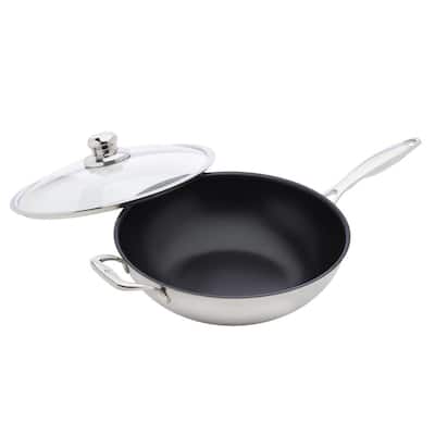 HOMEMAXS Stainless Steel Wok Round Bottom Wok Large Fry Pan Large Capacity  Saute Pan 
