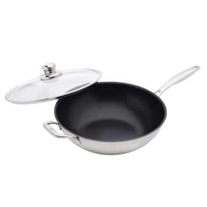 12.5 in. Stainless Steel Nonstick Wok, Induction Compatible Stir-fry Pan with Tempered Glass Lid