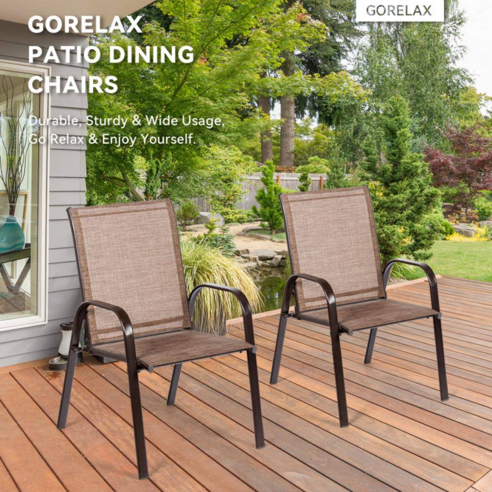 Brown Steel Frame Outdoor Dining Chairs with Armrests, Set of 2