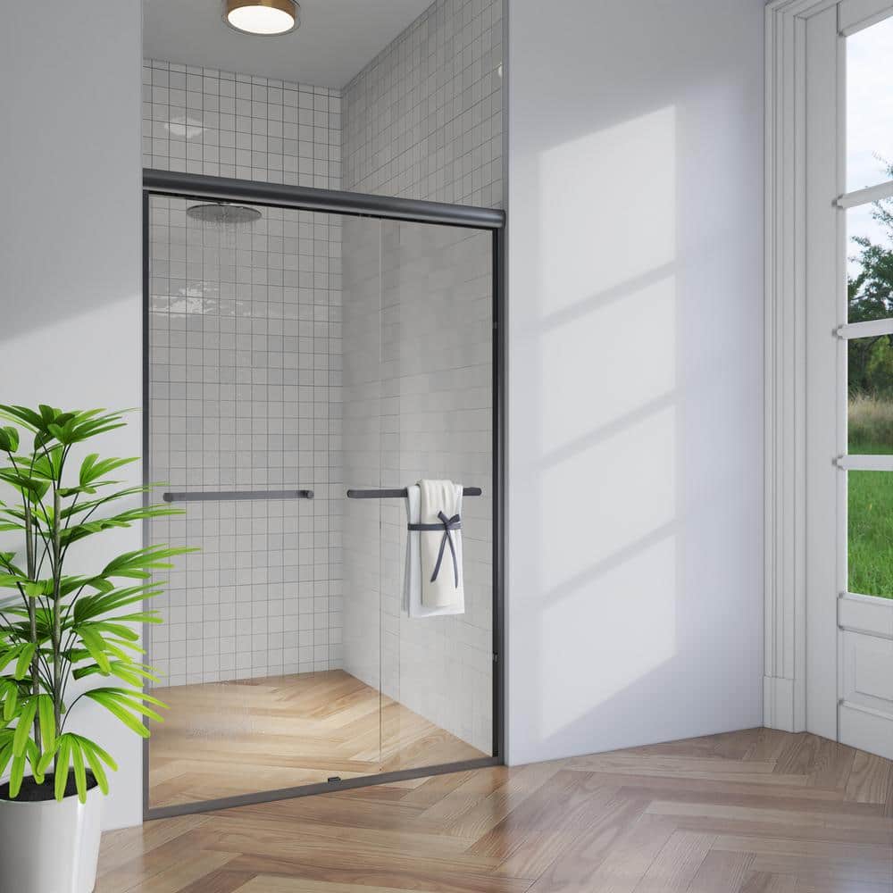 Matte Black Semi-Frameless Sliding Shower Door with Clear Glass