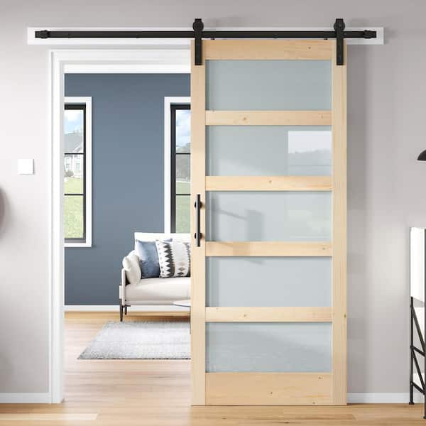 36 in. x 84 in. 5 Lite Frosted Glass Spruce Finished Sliding Sliding Barn Door with Hardware Kit