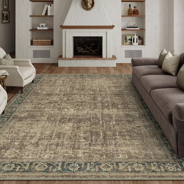 BurschBrown 9 ft. x 12 ft. Distressed Vintage Floral Area Rug