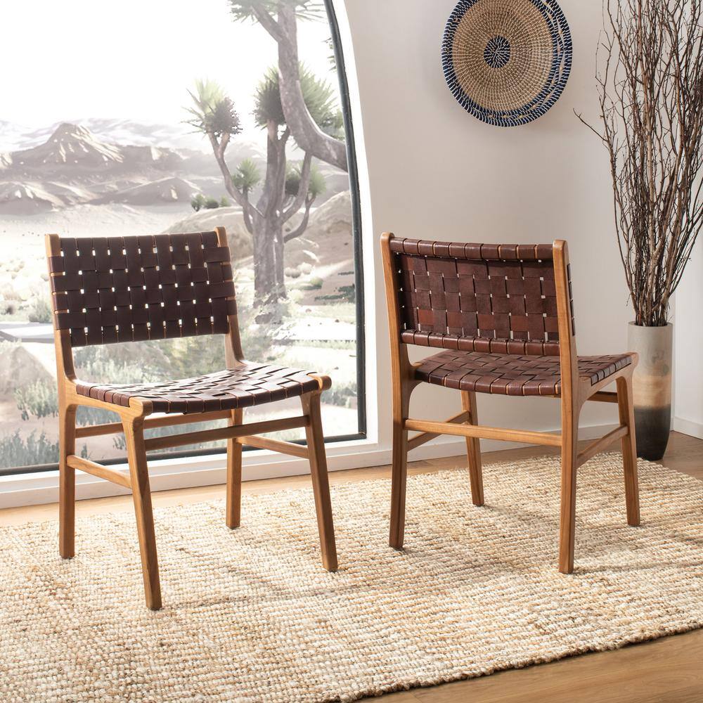 Cognac and Natural Woven Leather Side Chairs, Set of 2