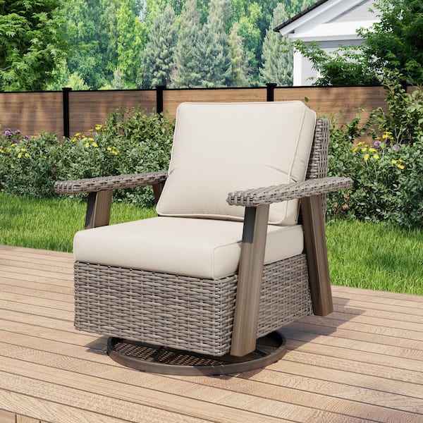 Beige Wicker Frame Outdoor Rocking Chair Patio Swivel Chair Lounge Chair with Beige Cushions