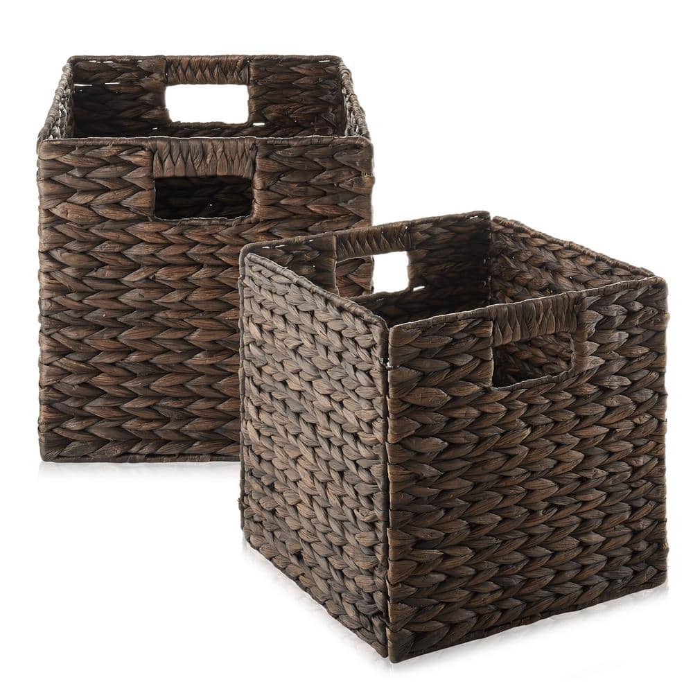 Espresso Water Hyacinth Woven Storage Baskets, 10.5" x 10.5", Set of 2
