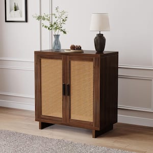 Espresso 31.7 in. H 2 Rattan Doors Accent Storage Cabinet with 3-Shelves and Wood base