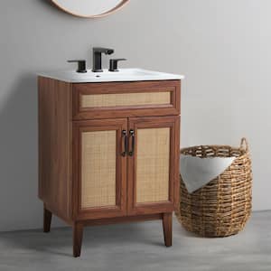 Javer 24 in. W x 18 in. D x 33 in. H Rattan 2-Shelf Bath Vanity Cabinet without Top in Sink Basin not Included, Walnut