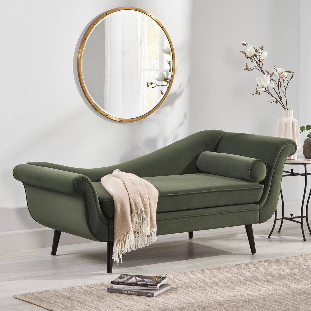 Sage Green Velvet Chaise Lounge with Dark Brown Birch Legs
