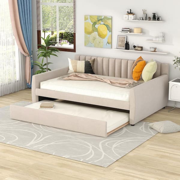 Beige Full Size Upholstered Daybed with Wood Slat Support and Trundle