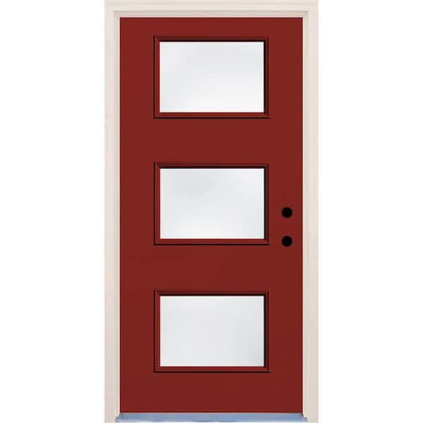 Builders Choice 36 in. x 80 in. Cordovan 3 Lite Clear Glass Painted Fiberglass Prehung Front Door with Brickmould