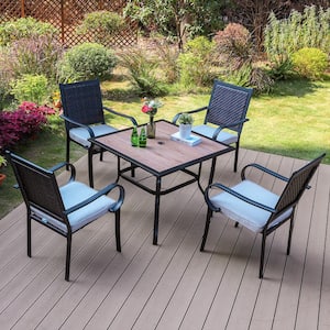 5-Piece Black Metal Patio Outdoor Dining Set with Wood-Look Square Table and Rattan Arm Chairs with Beige Cushion