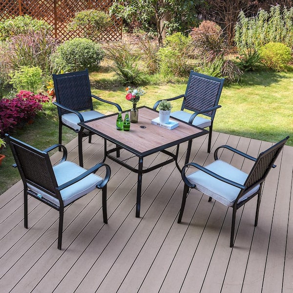 PHI VILLA 5-Piece Black Metal Patio Outdoor Dining Set with Wood-Look Square Table and Rattan Arm Chairs with Beige Cushion