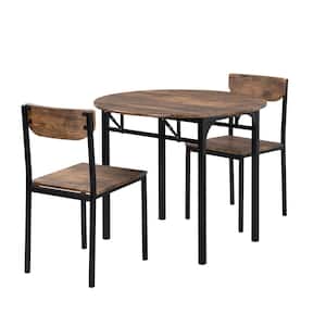 3-Piece Metal Round Outdoor Dining Table Set with Drop Leaf and 2 Chairs, Black Frame Plus Rustic Brown Finish