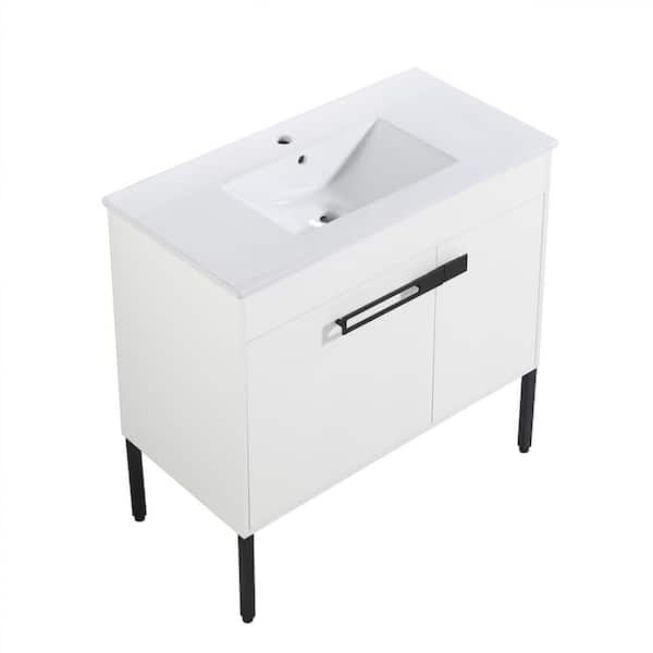 FUNKOL 36 in. W Modern Simplicity Style Freestanding Bathroom Vanity with Single Ceramic Sink and Soft Close Doors in White