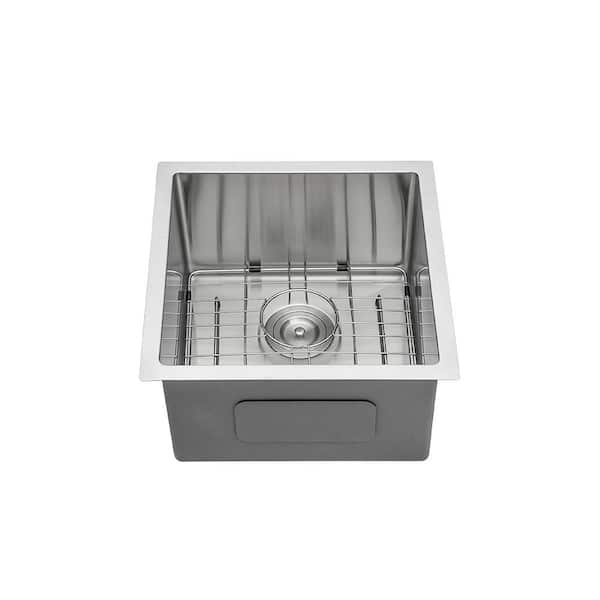 Loile 17 in. L Undermount Single Bowl 16-Gauge Brushed Nickel Stainless Steel Kitchen Sink with Grid, Rack and Strainer