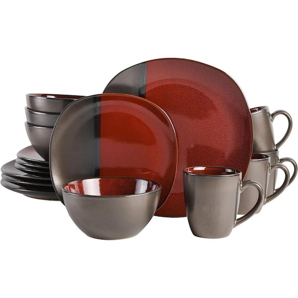 GIBSON elite Volterra 16-Piece Square Red and Metallic Gray Stoneware Dinnerware Set, Service for 4