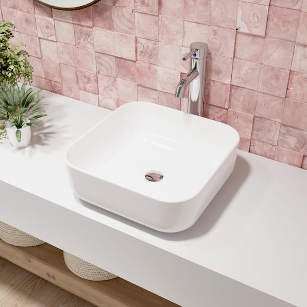 DEERVALLEY Ace White Square Bathroom Ceramic Vessel Sink Art Basin in White not Included Faucet