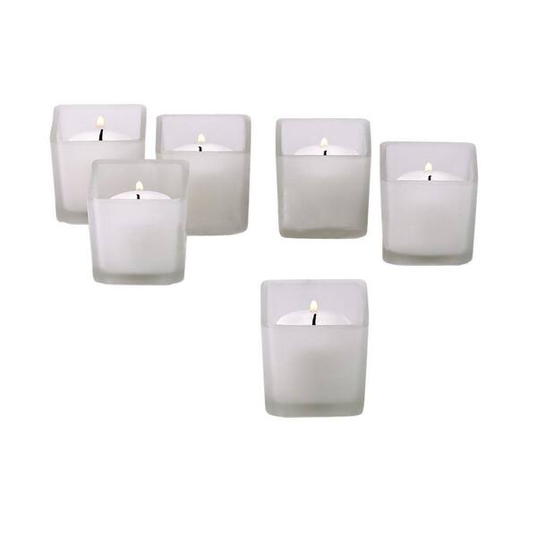 Light In The Dark White Frosted Square Votive Candle Holders with White Votive Candles (Set of 12)