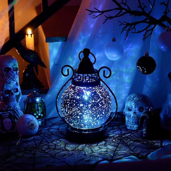 10.4 in. x 8 in. Purple Glass Moroccan Lantern with LED Candle