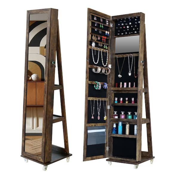 Antique Gray Full-Length Mirror 360° Swivel Storage Jewelry Box with LED Lights & Rollers, Lockable Storage