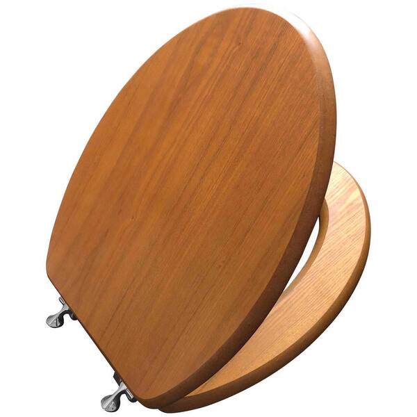 JONES STEPHENS - Decorative Wood Elongated Closed Front Toilet Seat with Cover and Brushed Nickel Hinge in Light Oak