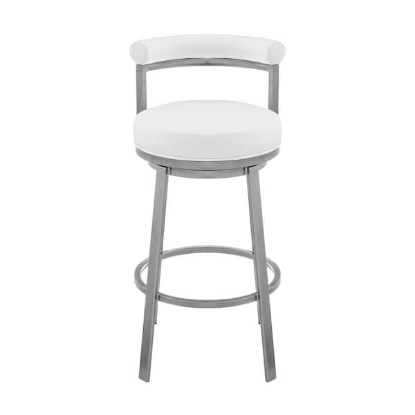 Armen Living Neura 33.5-37.5 in. White Metal 30 in. Bar Stool with Faux Leather Seat