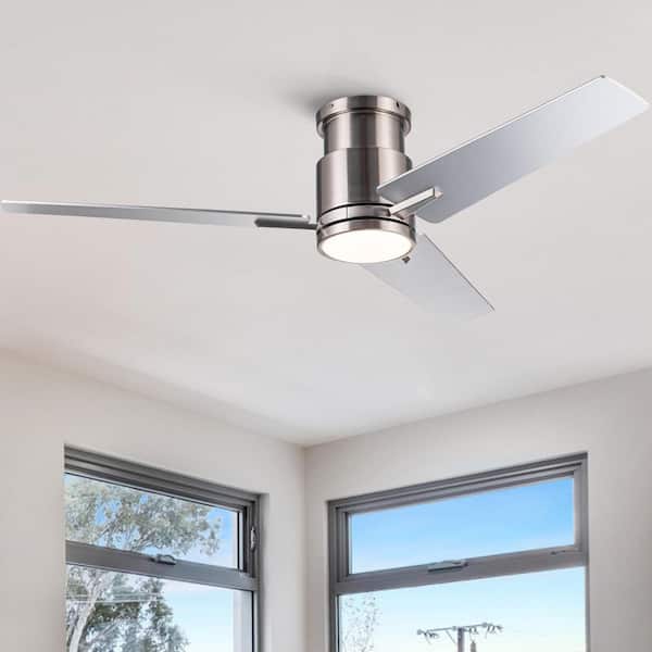52 in. Modern Brush Nickel 6-Speed Sliver Blades Flush Mount Standard Ceiling Fan with 3-Color Dimmable LED Light