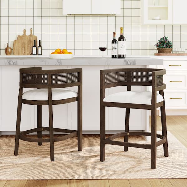 33.5 in. H Walnut Low Back Rubber Wood Bar Stool with Fabric Upholstered Seat (Set of 2)