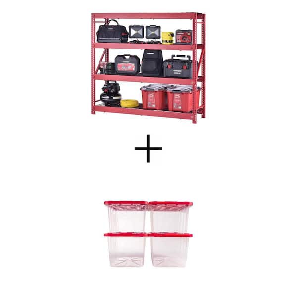 4-Tier Steel Garage Shelving (77 in.x72 in.x24 in.) with 27 Gal. Clear Storage Totes (4-Pack)