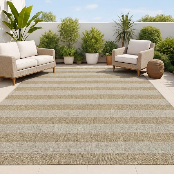 Sutton Easy Jute Modern Geometric Boho Stripe Natural/Beige 3 ft. x 5 ft. Indoor/Outdoor Area Rug