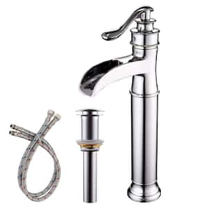 Waterfall Single Hole Single Handle Bathroom Vessel Sink Faucet With Pop-up Drain Assembly in Polished Chrome