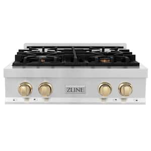 Autograph Edition 30 in. 4 Burner Front Control Gas Cooktop with Polished Gold Knobs in Stainless Steel