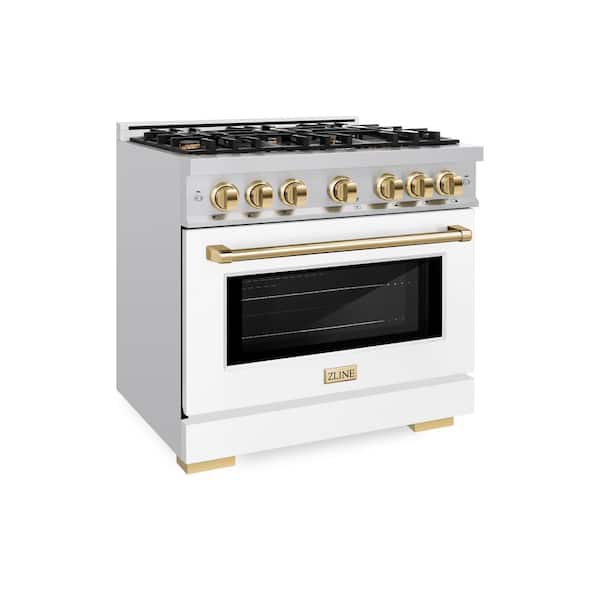 Select 36 in. 6-Burner Dual Fuel Range with Convection Oven in Stainless Steel, Matte White and Polished Gold