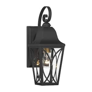 Cardigan 15.25 in. Sand Black and Olden Brass Outdoor Hardwired Lantern Wall Sconce with Glass Shades, No Bulbs Included