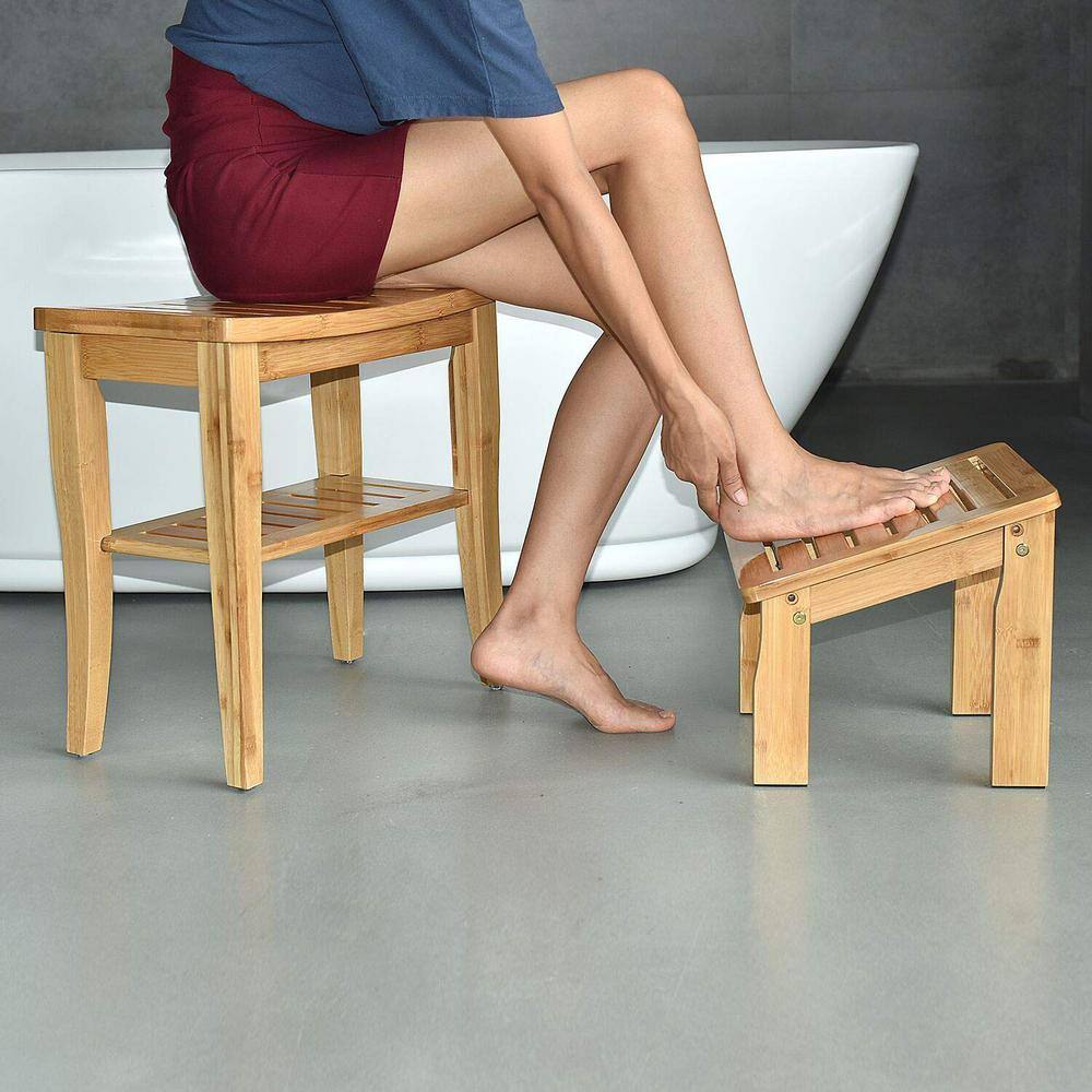 Natural Bamboo Shower Seat Bench with Underneath Shelf