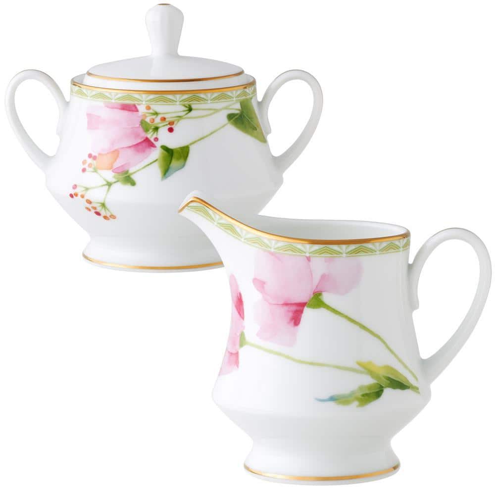Noritake Poppy Place (White and Pink) Porcelain Sugar and Creamer