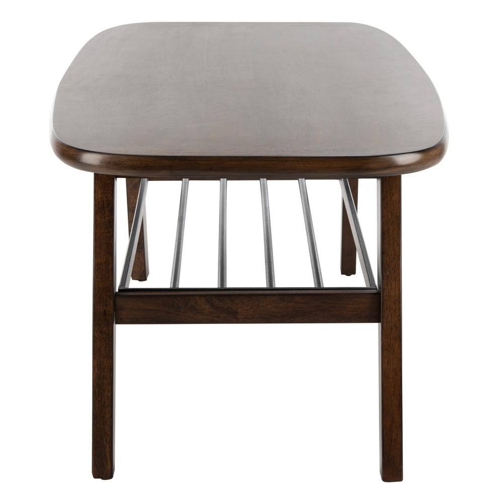 Transitional Dark Walnut Rectangular Coffee Table with Black Metal Storage Rack