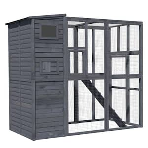 77 in. x 37 in. x 69 in. Grey Cat House Outdoor Catio Kitty Enclosure with Platforms Run Lockable Doors and Asphalt Roof