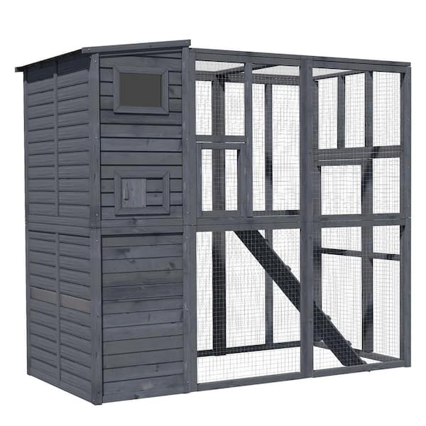 PawHut 77 in. x 37 in. x 69 in. Grey Cat House Outdoor Catio Kitty Enclosure with Platforms Run Lockable Doors and Asphalt Roof