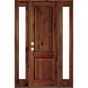 58 in. x 96 in. Rustic Alder Square Red Chestnut Stained Wood V-Groove Right Hand Single Prehung Front Door