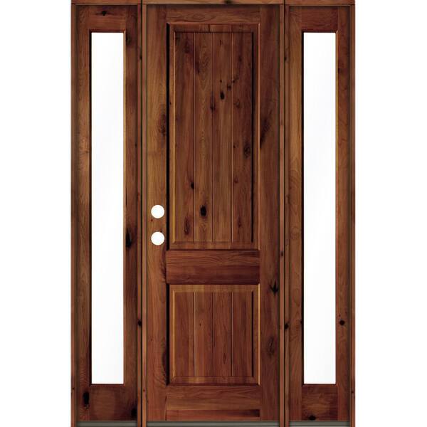 Krosswood Doors 58 in. x 96 in. Rustic Alder Square Red Chestnut Stained Wood V-Groove Right Hand Single Prehung Front Door